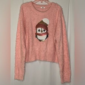 ARDENE Pink Soft Knit Sweater with Sequin Penguin in Hat and Scarf Large